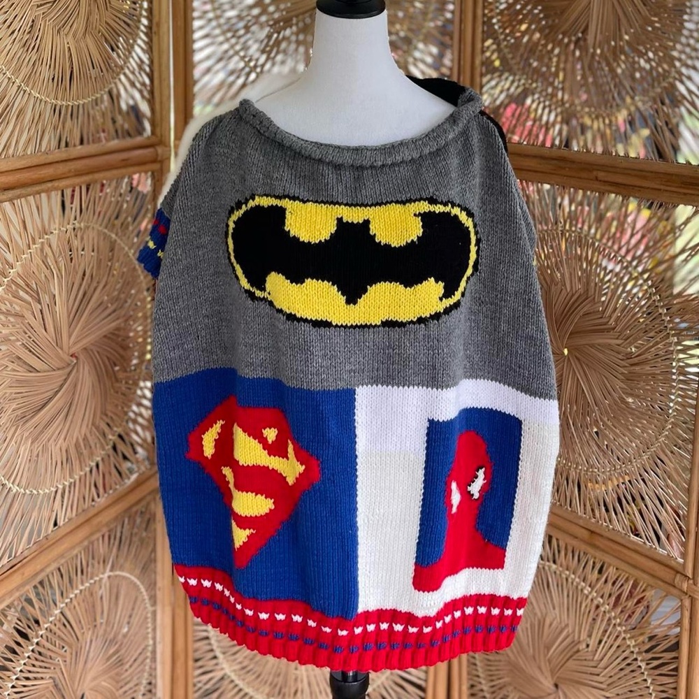 Vintage Hand Knit 2 Sided DC Marvel Superman Spiderman Batman Card Suits Poncho - Picture 3 of 8